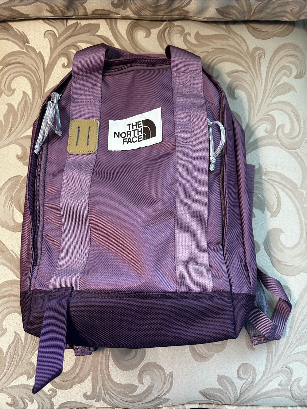 The North Face Tote Pack Backpack Shoulder Bag Purple Gray Travel Zippers